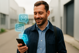Mitarbeitenden-App Ein lächelnder Mann im Arbeitsumfeld blickt unterwegs auf sein Smartphone. Über dem Gerät erscheinen leuchtende, blaue Hologramm-Symbole für Nachrichten, Chat und Benachrichtigungen – als Sinnbild für mobile Kommunikation und digitale Arbeitsprozesse.