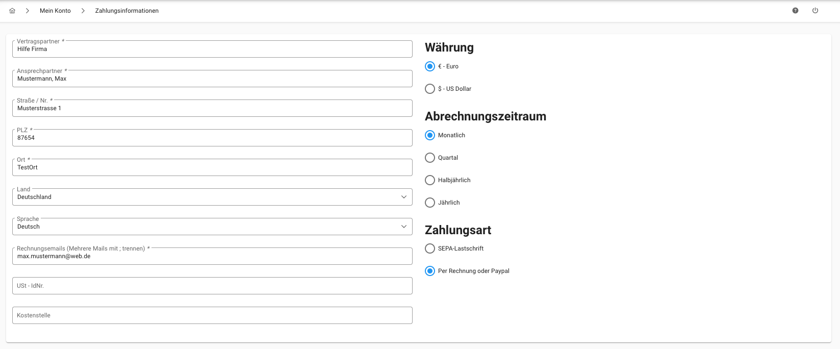 Zahlungsinformationen - Gesamtübersicht