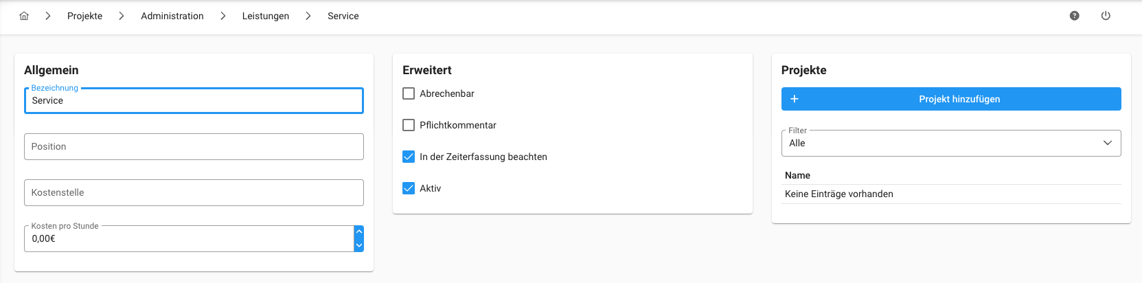 Projekte - Admin - Leistung - Gesamtübersicht