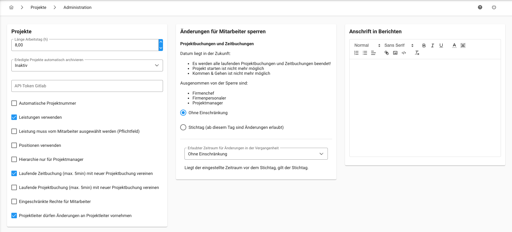 Projekte- Administration - Gesamtübersicht