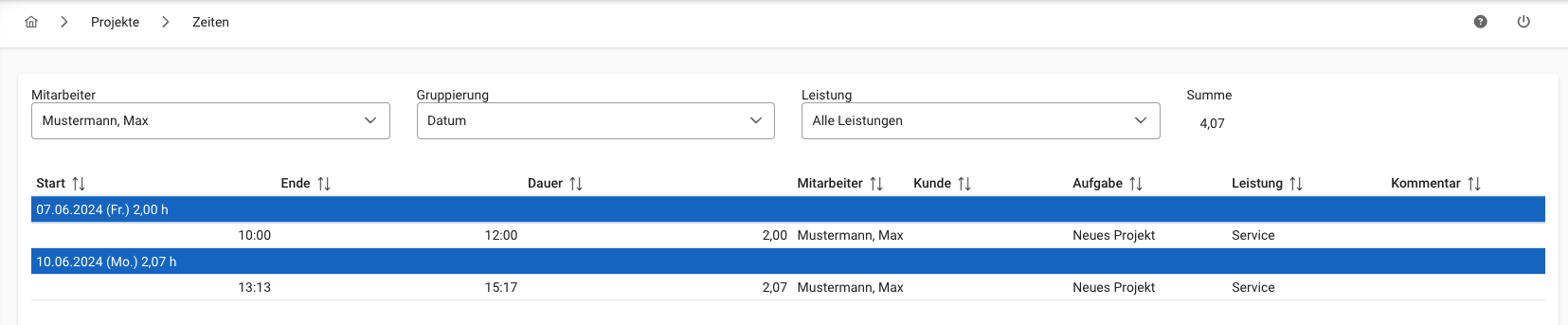 Projekte - Zeiten - Gesamtübersicht